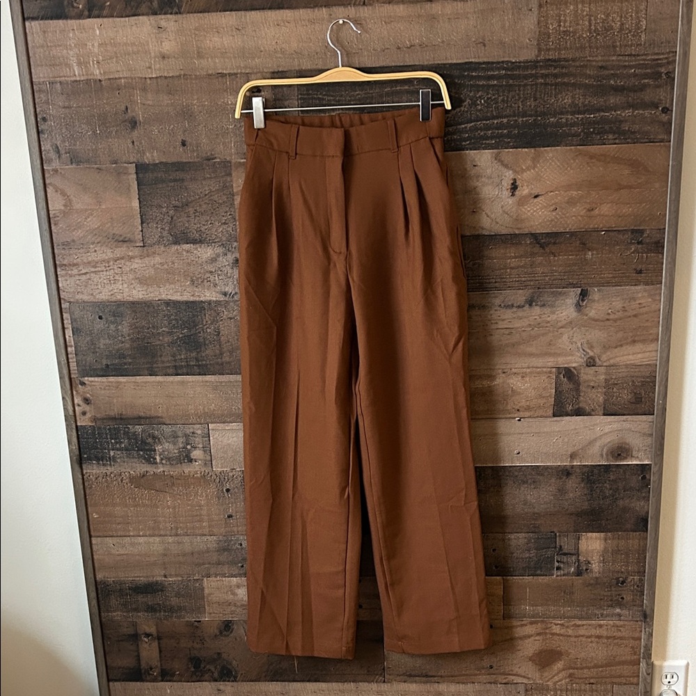 OGL Move Wide Leg Trousers Sz S NWOT Brown Minimalist High Waist Workwear Office